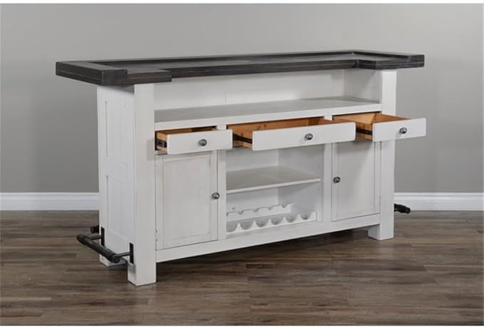 Pemberly Row 78" Farmhouse Wood Bar Unit with Foot Rail, Adjustable Shelves, Removable Wine Rack, Stemware Storage, in Espresso Finish