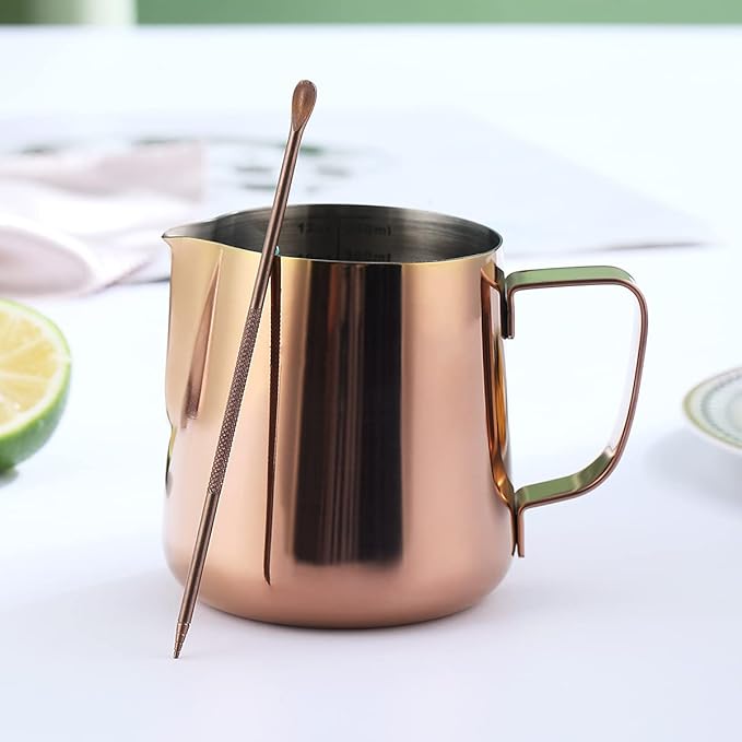 Milk Frothing Pitcher 12oz - 350ml, Kyraton Stainless Steel Espresso Steaming Pitchers with Decorating Pen,Milk Coffee Frother Cups Cappuccino Latte Art Barista Steam Pitchers Milk Jug Cup (Rose Gold)