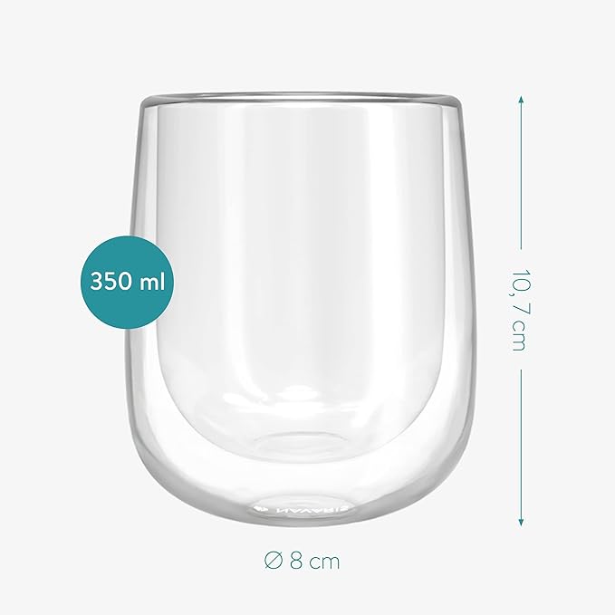 Navaris Double Wall Glass Cups - Thermal Insulated Drinking Glasses for Coffee, Tea, Latte, Cappuccino, Hot & Cold Drinks - 12 oz Each (Set of 4)