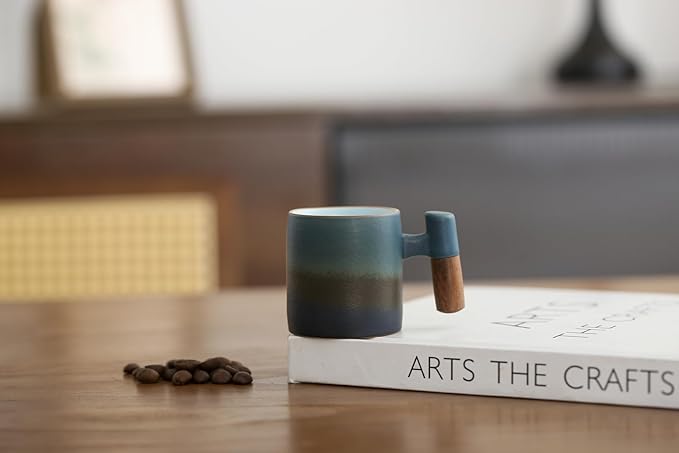 2-Oz Ceramic Espresso Cups with Wood Handle, 2/4-Piece Set for Coffee, Tea, Latte - Dishwasher Safe, Multi-Color & Wood Styles, Gift & Café Use (blue white2&blue black2, Wooden Handle4)
