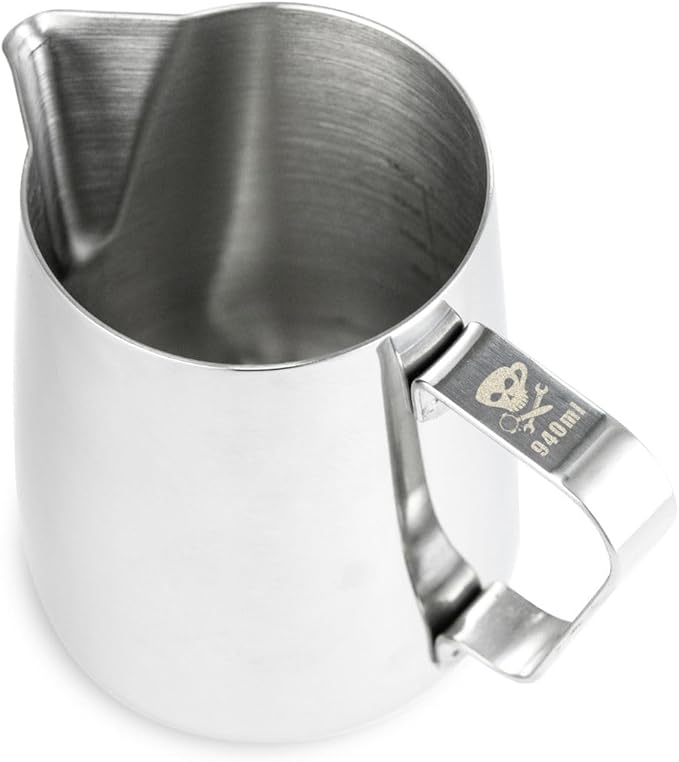 Barista Basics 32 Oz Silver Stainless Steel Milk Frother Pitcher, Steaming Pitcher for Latte Art, Food-Grade/w Measurements