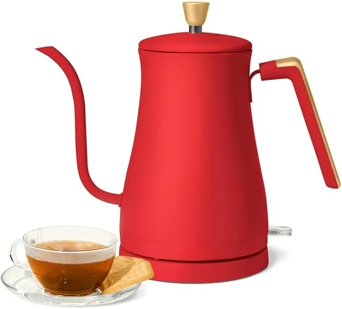 Electric Gooseneck Kettle 1 Liter 1200W, Stainless Steel, Pour Over Coffee Tea, Auto Shut-Off, 360° Cordless Power Base (Tomato Red)