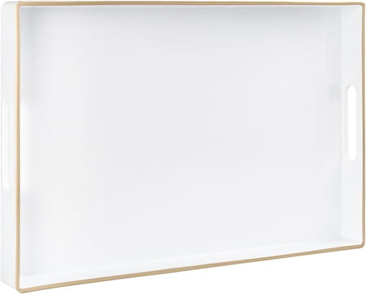 MAONAME White Decorative Tray for Coffee Table, Modern Serving Tray with Handles, Plastic Rectangular Tea Trays for Ottoman, Bathroom Decor, 15.8” X 10.2” x 1.4"