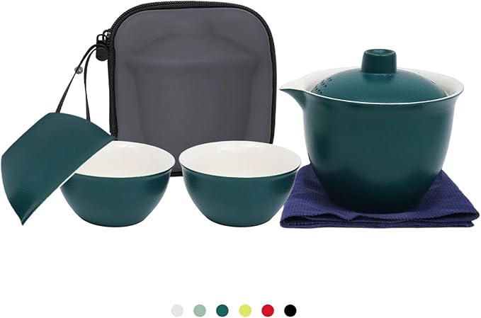 Porcelain Chinese Gongfu Tea Sets for Adults Portable Kungfu Teapot and Cup Set Small Ceramic Tea Party Set Travel Teaset with Lid for Home Gifting Outdoor and Office (Green)