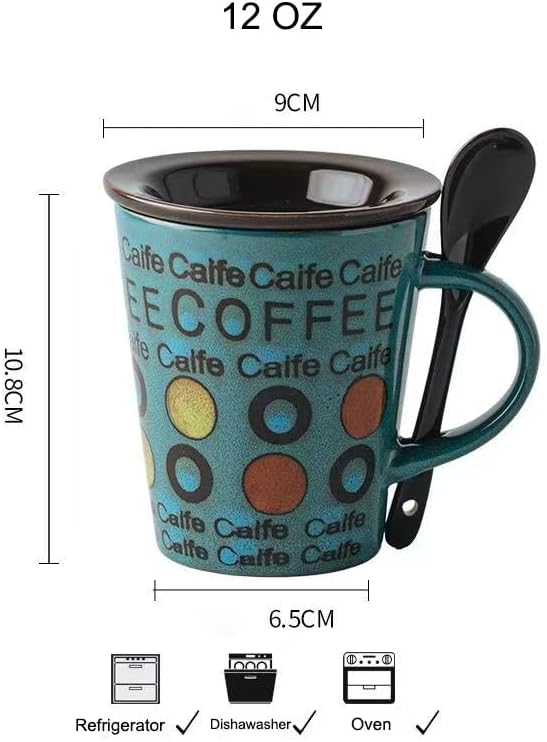 Ceramic Coffee Mugs Set of 1, 12 oz Stoneware Coffee Cup with Spoon and Lid, Cup for Latte, Tea, Cappuccino, Cocoa, Microwave Dishwasher Safe, Modern Unique Aesthetic Christmas Gift, Green Letter Cup