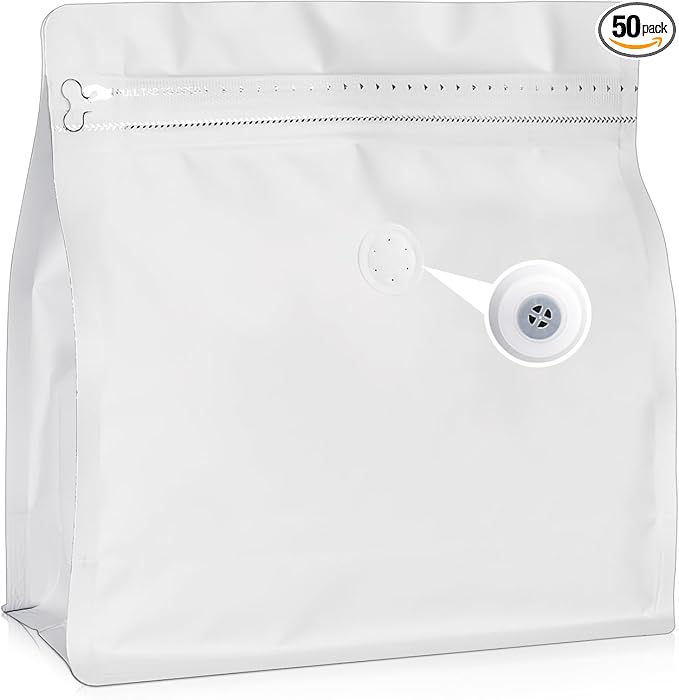 50 Count 8oz Coffee Bags with Valve,1/2 lb Vented Coffee Beans Packaging Bags High Barrier Aluminumed Foil Flat Bottom Heat Sealed Side Zipper Resealable Storage Bag for Home or Business（White）