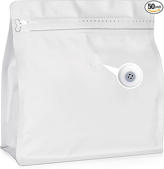 50 Count 8oz Coffee Bags with Valve,1/2 lb Vented Coffee Beans Packaging Bags High Barrier Aluminumed Foil Flat Bottom Heat Sealed Side Zipper Resealable Storage Bag for Home or Business（White）