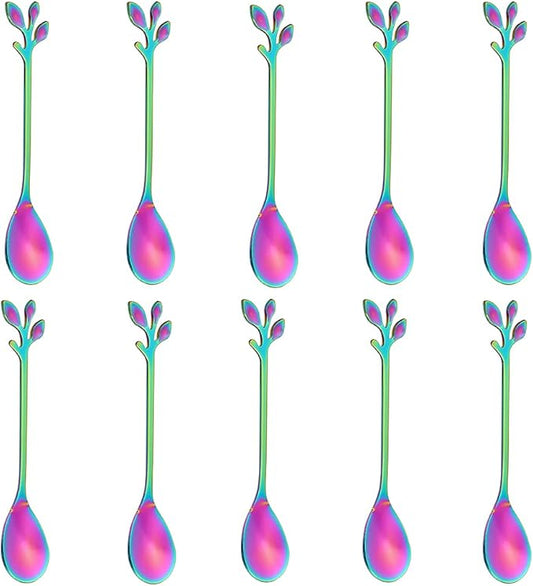 AnSaw Elegant Rainbow Leaf Coffee Spoons - 10-Piece, 4.7" Mini Stainless Steel Espresso & Dessert Tea Spoons, Perfect for Demitasse & Small Servings