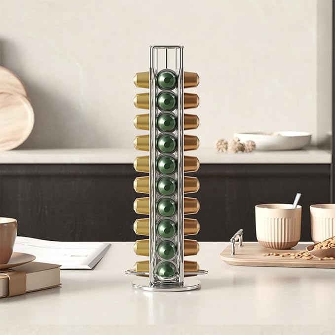 Coffee Pods Organizer Stand, 360° Rotating Metal Holder for 40pcs Nespresso OriginalLine Capsules, Capsule Rack, Compact & Sturdy Capsules Storage Holder for Kitchen Countertop