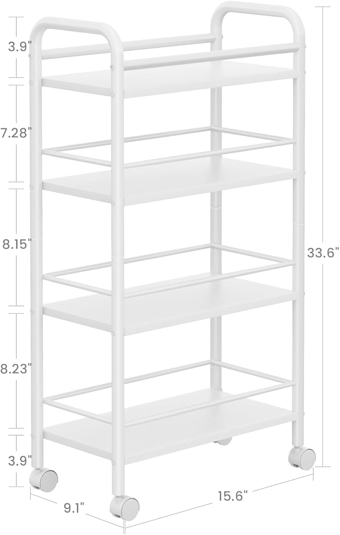 Slim Storage Cart, 4-Tier Small Rolling Cart with Wheels, 9.1" Deep, Narrow Bathroom Shelf Trolley for Kitchen, Bathroom, Laundry Room, White Large 4-Tier (9.1" W x 33.6" H)