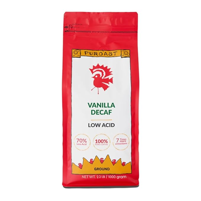 Puroast Low Acid Coffee Decaf | Vanilla Ground | Medium Roast | High Antioxidants & High pH |No Bitter Aftertaste | Reduced Heartburn & GERD | Suitable for Cold Brew - 2.2 LB