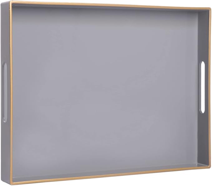 MAONAME Gray Serving Tray with Handles, Rectangular Decorative Tray, Modern Coffee Table Trays, Plastic Ottoman Trays for Bathroom, Decor, 15.7” x 11.8” x 1.57"
