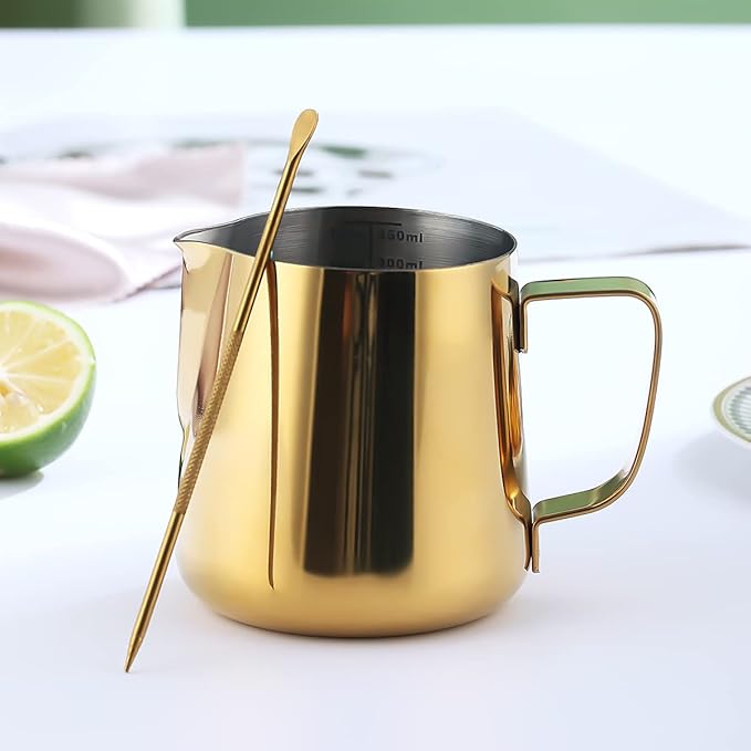 Milk Frothing Pitcher 12oz - 350ml, Kyraton Stainless Steel Espresso Steaming Pitchers with Decorating Pen,Milk Coffee Frother Cups Cappuccino Latte Art Barista Steam Pitchers Milk Jug Cup (Gold)