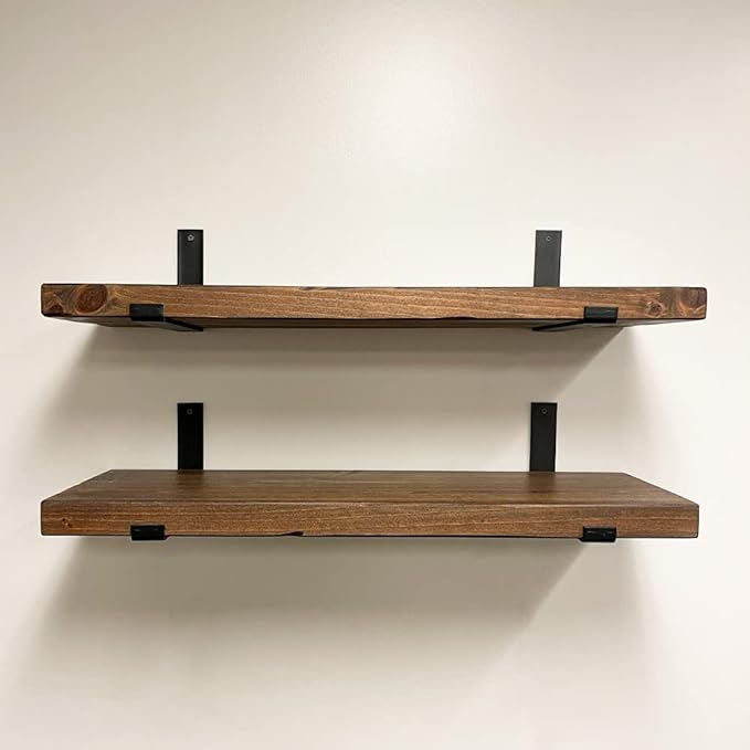 Rustic Shelves with J-Brackets Set of 2, Industrial Shelf, Kitchen Shelves, Solid Wood, Decorative Wall Storage, Heavy Duty, URBANDI (Provincial, 12Wx8D)