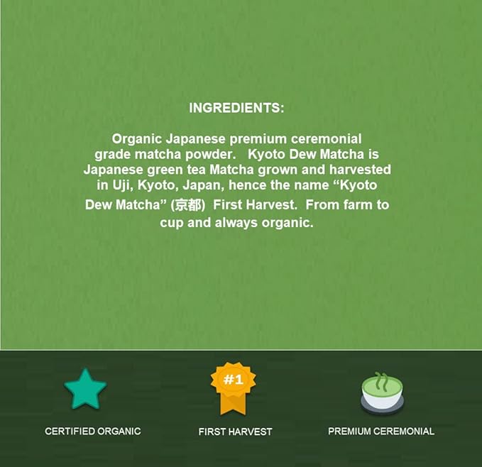 Kyoto Dew Matcha - Ceremonial Blend – Authentic Japanese First Harvest - USDA & JAS Organic Ceremonial Grade Matcha Green Tea Powder from Uji, Kyoto, Bag (7oz)