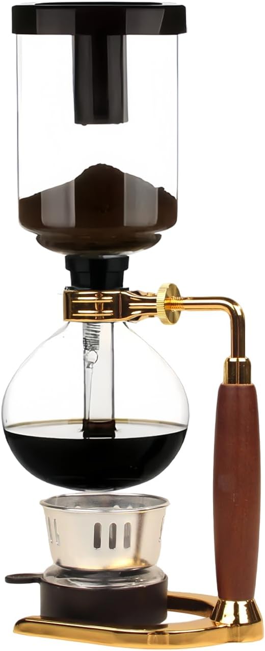 WANLWH Siphon coffee machine, Vacuum coffee maker, Japanese siphon coffee maker, Manual coffee brewer, Coffee maker for camping (Wood Color & Gold Base, 5 Cups(600ml))