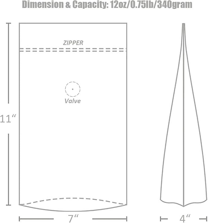 12 Ounce 50 Pieces Coffee Bags with Ziplock - High Barrier Natural Kraft Paper Stand up Coffee Pouches with Air Release/One Way Degassing Valve & Reusable Zipper (50, 12oz/0.75lb/340gm)