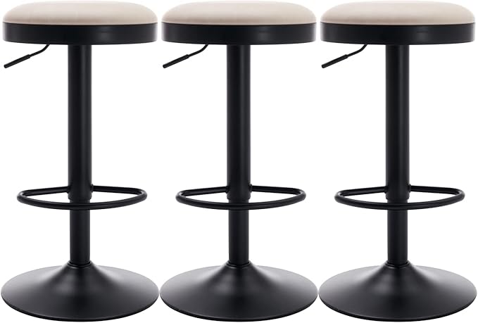 Round Swivel Counter Height Bar Stools Set of 3 Modern Adjustable Barstools Backless PU Leather Bar Chairs Industrial Island Chairs with Metal Base/Footrest for Kitchen Island/Pub, Beige