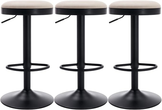 Round Swivel Counter Height Bar Stools Set of 3 Modern Adjustable Barstools Backless PU Leather Bar Chairs Industrial Island Chairs with Metal Base/Footrest for Kitchen Island/Pub, Beige