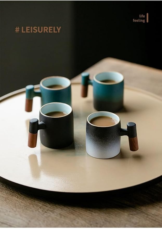 2-Oz Ceramic Espresso Cups with Wood Handle, 2/4-Piece Set for Coffee, Tea, Latte - Dishwasher Safe, Multi-Color & Wood Styles, Gift & Café Use (balck, Wooden Handle2)