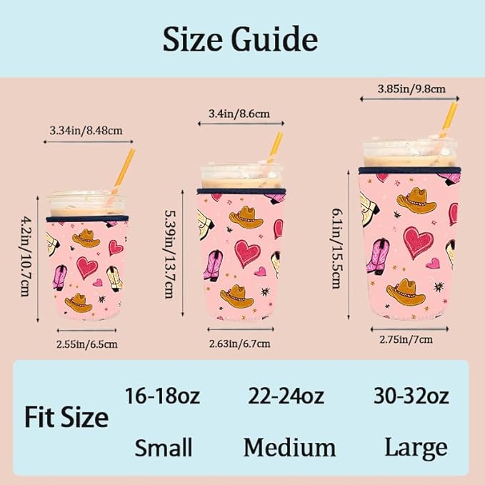 Boho Lotus Flower Neoprene Iced Coffee Cup Sleeve Set, Reusable Cold Drink Holder, Fits 16-30oz Cups, 3 Pack (yeehaw pink)