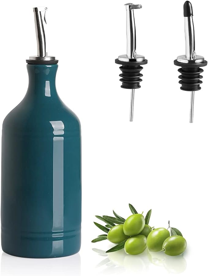 Sweejar Ceramic Olive Oil Dispenser Bottle, Opaque Oil Cruet Protects to Reduce Oxidation, Suitable for Storage Vinegar, Coffee Syrups & Other Liquids, Pack of 1, 15.5 Fl Oz(Teal Green)
