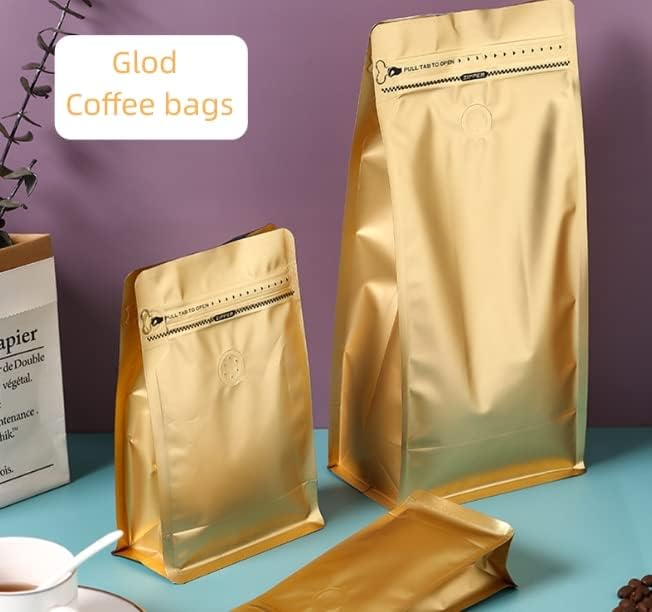 Coffee Bags with Valve(12 oz,3/4 lb,50pcs) Gold High Barrier Aluminum Foil Flat Bottom Heat Sealed Coffee Beans Packaging Bags Side Zipper Resealable for Home or Business