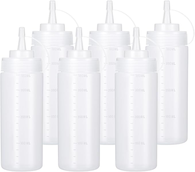 Katfort Condiment Squeeze Bottles Ketchup Dispenser, 6 Pack 12oz Squeeze Bottles for Liquids, Plastic Sauce Bottle with Cap Lid, Squirt Bottles for Sauces Liquids BBQ Dressing Pancake Art