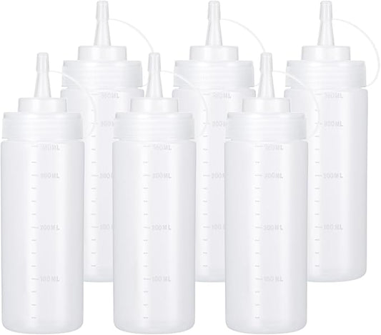 Katfort Condiment Squeeze Bottles Ketchup Dispenser, 6 Pack 12oz Squeeze Bottles for Liquids, Plastic Sauce Bottle with Cap Lid, Squirt Bottles for Sauces Liquids BBQ Dressing Pancake Art