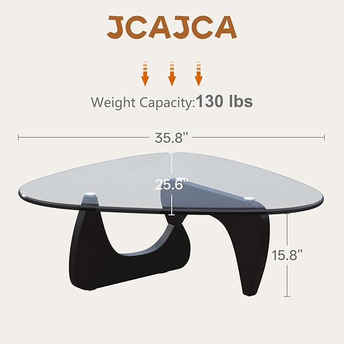 Coffee Table for Living Room Mid Century Modern Center Small Table with Glass Top and Wood, Black Transparent