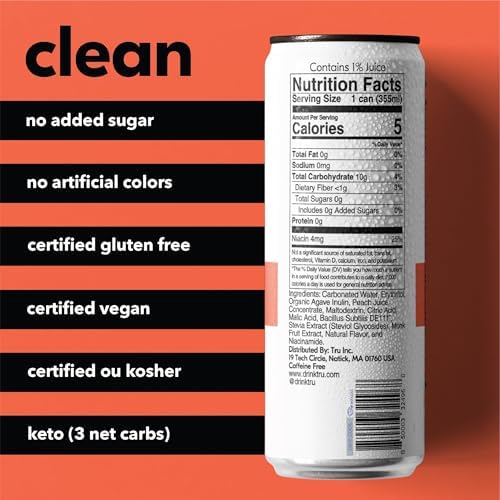Tru Gut Seltzer, Sparkling Water with Prebiotics, Probiotics & Vitamin B3, Peach Juice & Natural Flavor, Lightly Carbonated, Gluten Free, Vegan, Caffeine Free, Low Calorie, 12 FL OZ Cans, 12 Pack