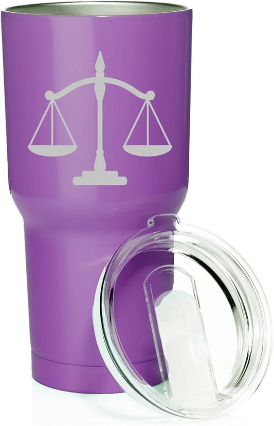 Smooth Body Tumbler Stainless Steel Vacuum Insulated Travel Mug Cup Gift Scales of Justice Lawyer Paralegal Judge (Purple, 30 oz)