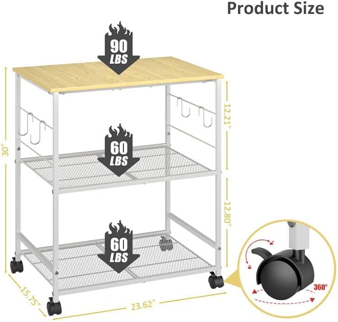 Rolling Kitchen Microwave Cart, 3 Tier Microwave Table Stand with Storage, Kitchen Utility Cart on Lockable Wheels, Small Coffee Station Shelf Rack Organizer for Living Room Office, Balcony