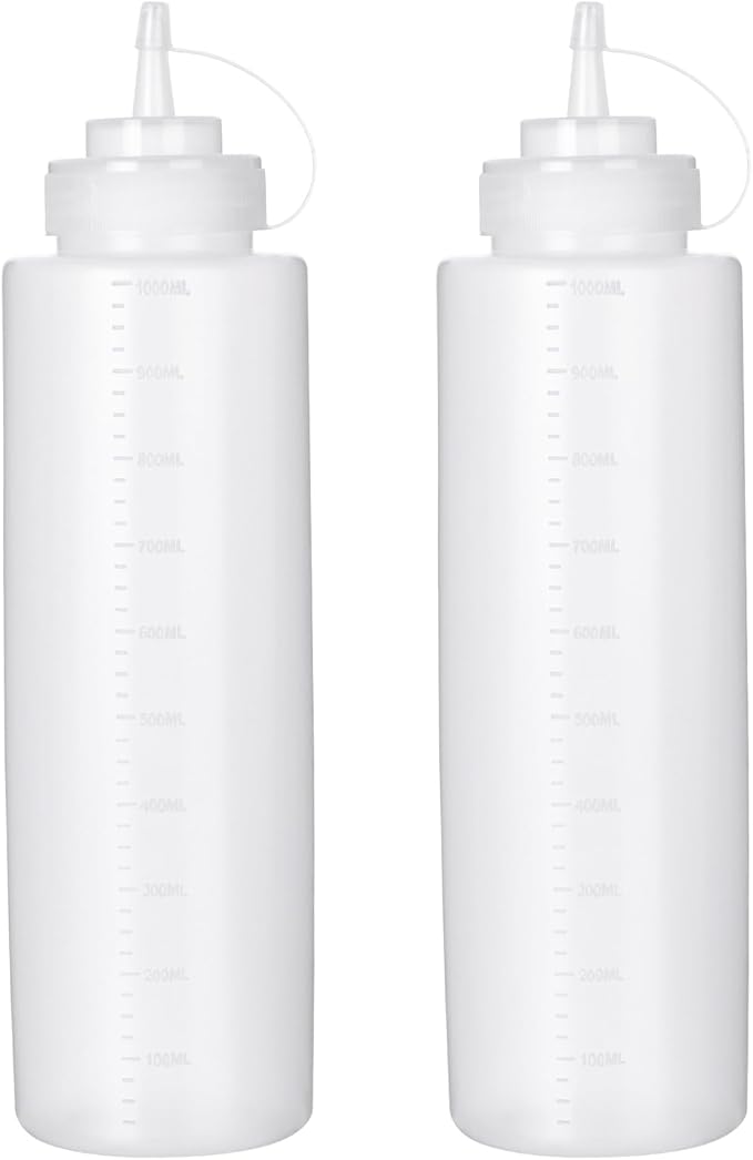 Katfort Squeeze Bottles for Sauces 2 Pack, 32 Ounce 1000ml Plastic Dressing Squirt Bottles with Cap Lids, Condiment Bottle for Liquids BBQ Dressing Pancake Art Dispenser