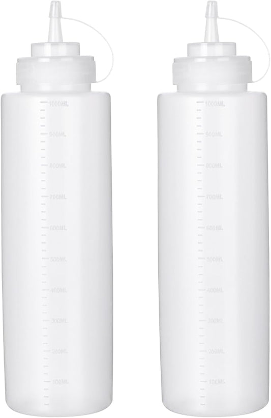 Katfort Squeeze Bottles for Sauces 2 Pack, 32 Ounce 1000ml Plastic Dressing Squirt Bottles with Cap Lids, Condiment Bottle for Liquids BBQ Dressing Pancake Art Dispenser