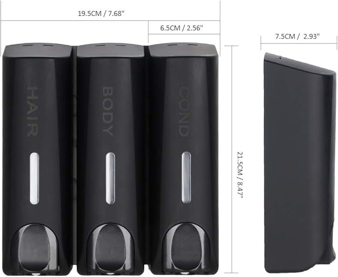 Chamber Shower Soap Dispenser Trio Wall Mounted Shampoo and Conditioner Dispenser Set, No Drill for Bathroom Hotel, Black