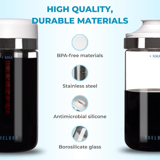 SHELBRU Cold Brew Coffee Maker Set (Brewer & Carafe), Up to 12 Servings of Concentrate, Reusable Stainless Steel Dual Filter, Durable Borosilicate Glass & Spill-Proof Pouring Spout, 16.9 fl oz / 500ml