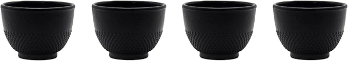 Japanese Cast Iron Tea Cups, Small and Heavy Teacups with no Handles, Japanese Style Cups for Adults, Asian Tea Cups, Coated with Enameled Interior, 4 Pcs/Box (Black, 5oz/150ml)