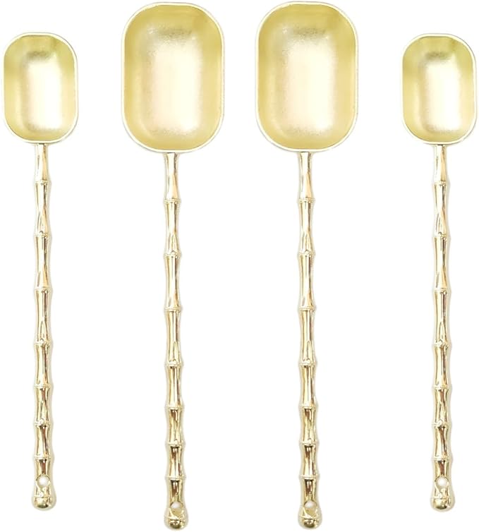 Measuring Spoons with Long Handle, Coffee Scoop, Tablespoon and Teaspoon Scoops Set of 4, Gold Art Style, For Grounds Coffee, Loose Tea, Spices, Dry Ingredients