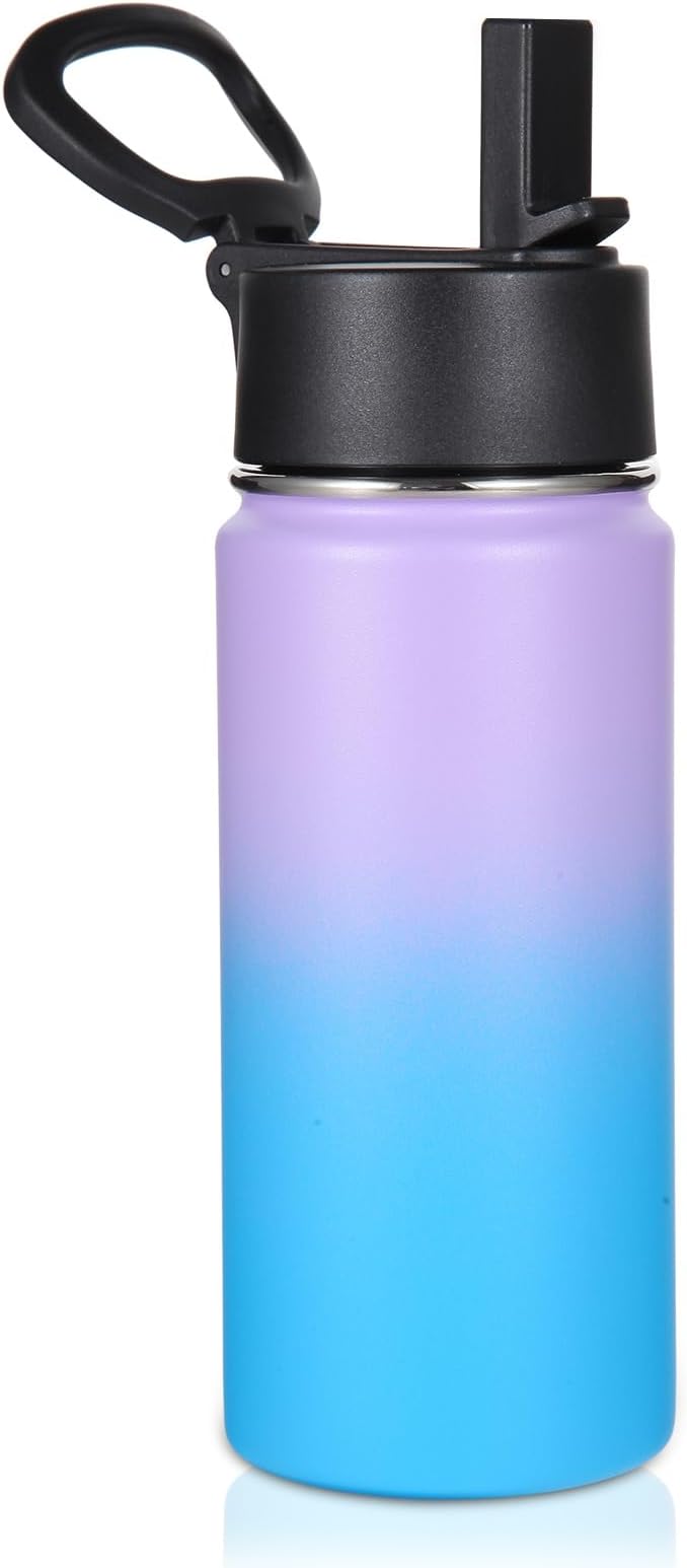 Volhoply Kids Insulated Water Bottle with Straw,16oz Stainless Steel Cold Water Bottles for School,BPA-Free Metal Wide Mouth Cups with Handle,Reusable Double Wall Vacuum Sport Flask(Lavender Blue,1)