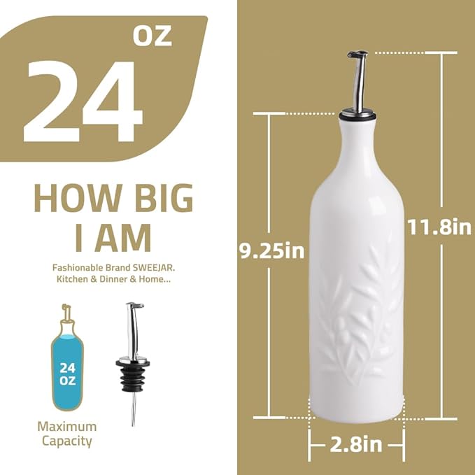 Sweejar Ceramic Olive Oil Dispenser Bottle, 24 Oz Relief Design EVOO Oil and Vinegar Dispensing Bottle with Spout for Kitchen, Set of 1 (Turquoise)