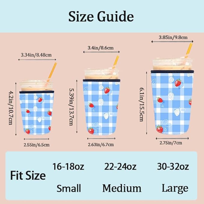 Blue Gingham Strawberry Iced Coffee Sleeve Set of 3 Fits S/M/L 3-Pack Cute Summer Fruit Pattern Insulated Coffee Sleeve for Women Gifts