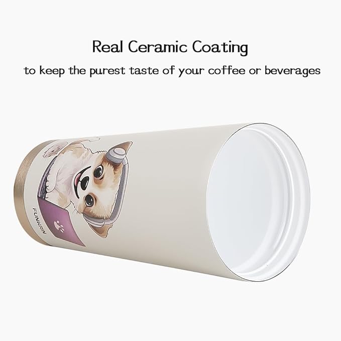 Funkrin Coffee Travel Mug with Straw & Flip Lid, 16oz Insulated Tumbler Cup with Ceramic Coating, Double Wall Vacuum Leak-Proof Mug for Office School Party Camping