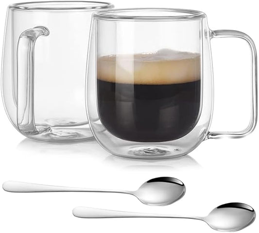 12oz Double Espresso Cups Set of 2 - with Handle, Double Walled Glass Insulated Cup, High Temperature Resistant, Non-Fracturing and Scald Resistant Glass, Transparent