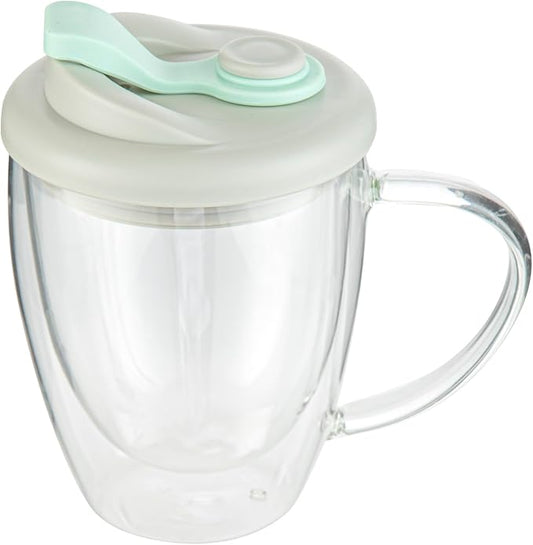 Restaurantware Glass Travel Mug 1 Count 12 Ounce Double Wall Borosilicate Reusable Coffee Cup, Spill-Resistant Gray and Green Silicone Lid, Clear Drinkware Mug for Hot and Cold Beverages