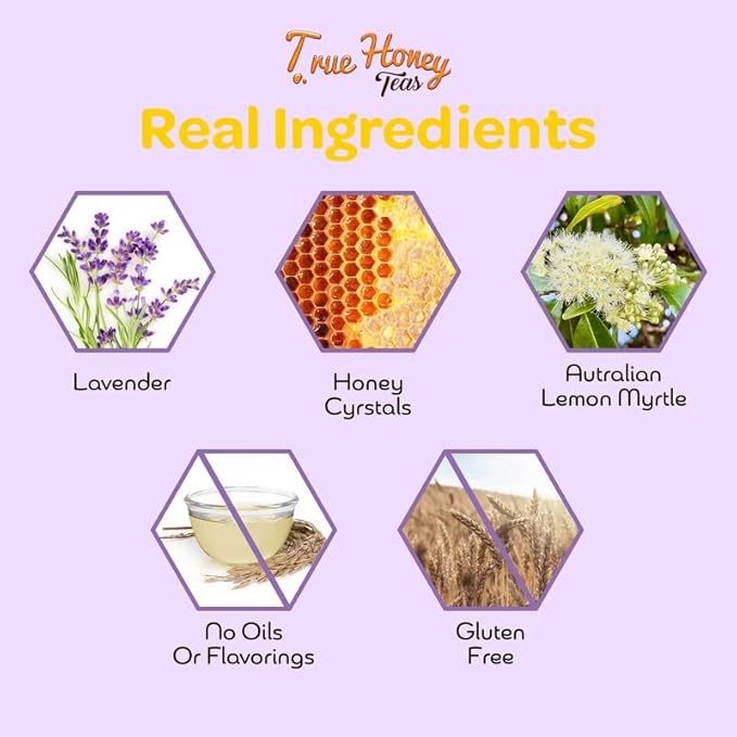 True Honey Lavender Lemonade Tea Bags - Tranquil Tea for Sleep, Stress Relief and Calm - All Natural Organic Lemon Myrtle Herbal Caffeine-Free Blended with Honey Crystals - 24 Count