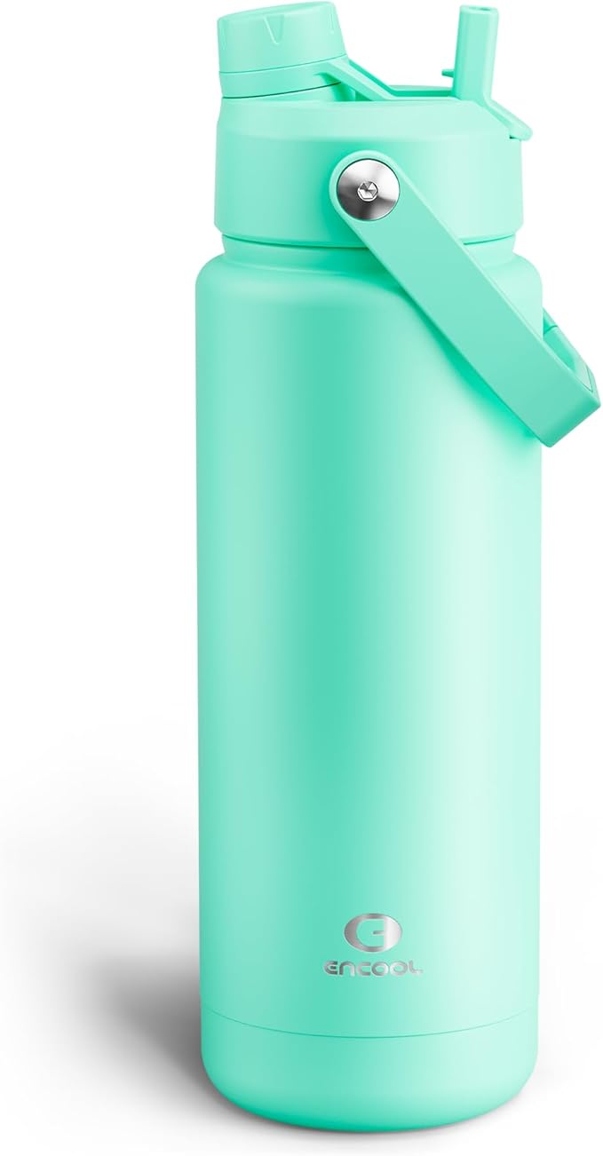 ENCOOL Insulated Water Bottle with Straw Stainless Steel Water Bottle, Leak-Proof, BPA-Free, Double Wall Vacuum Keeps Cold for 24 Hours for Sports, Travel, School (32 oz, Brook Green)