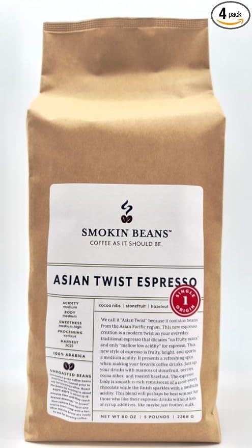 5-Pound Asian Twist Espresso, Unroasted Green Coffee Beans, Fresh Current Crop Specialty Grade, Roast the Beans Yourself at Home on Your Roasting Equipment Prior to Using for Brewing Coffee