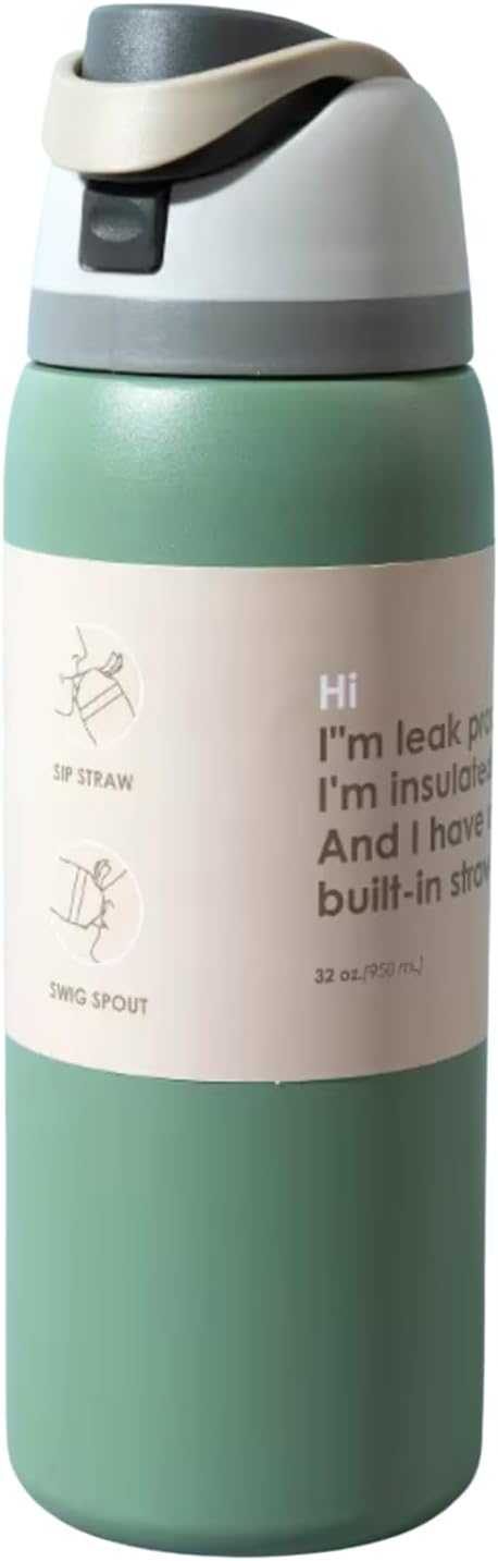 DUTHINGS Insulated Stainless Steel Water Bottle with Straw, 32 oz, Reusable Sports and Travel Bottle for School, Kids, and Outdoors - Leakproof and BPA-Free (GREEN)