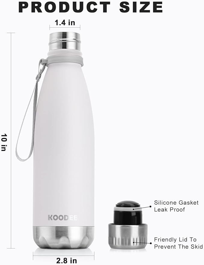 koodee Water Bottle-17 oz Stainless Steel Double Wall Vacuum Insulated Water Bottle for Back to School, Cola Shape Leak Proof Sports Bottle for School(White)